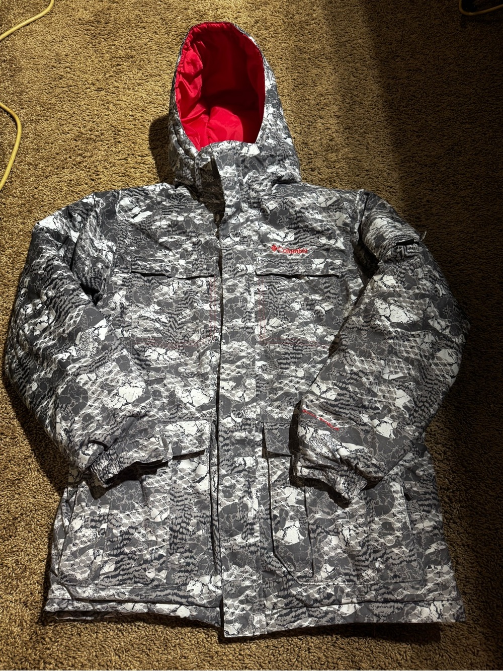 Columbia Boys Gray Camo Ski Jacket with Red Hood Lining 14/16